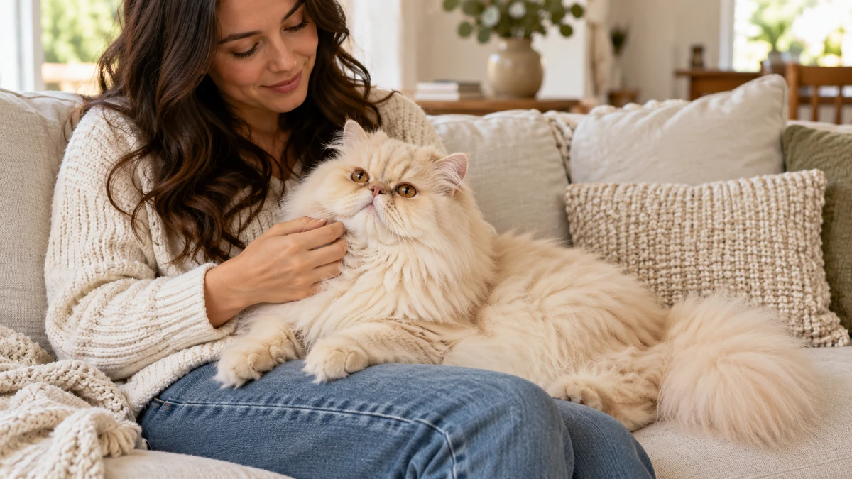 İran Kedisi kedi — sahibinin kucağında