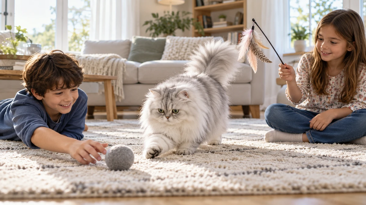 İran Kedisi kedi — çocuklarla oyun